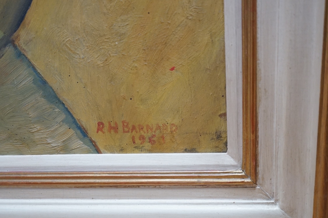 R. H. Barnard (American, 20th. C), three abstract oils on board to include an impasto example, one signed and dated 1961, largest 90 x 73cm. Condition - fair to good